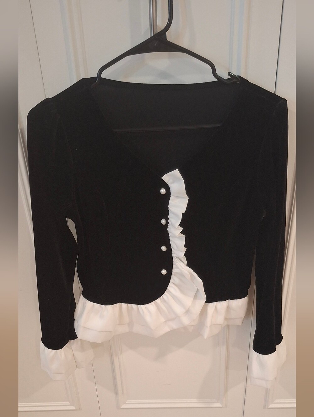 Black & White Ruffle Button-Front Velvet Top